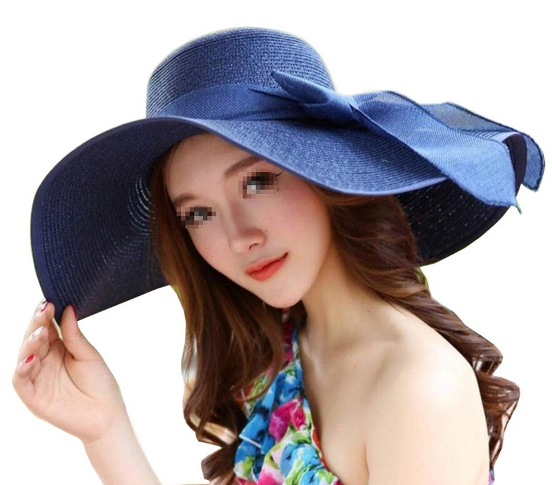 Womens Big Bowknot Straw Hat Beach Cap Beachwear Wide Floppy Hat Foldable Roll up Big Brim Hats Sun Hat UPF 50+ Party Garden Travel (Dark Blue)